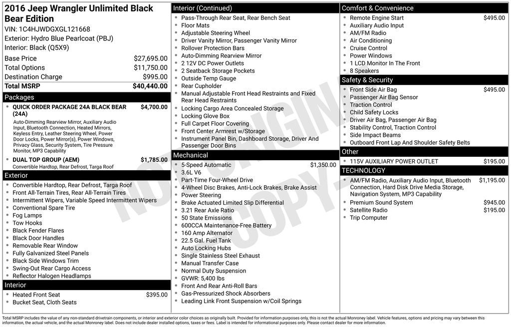 2016 Jeep Wrangler Black Bear